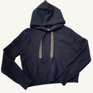 Zara Black Knit Hoodie With Silver Gem Stoned Draw String Size Medium